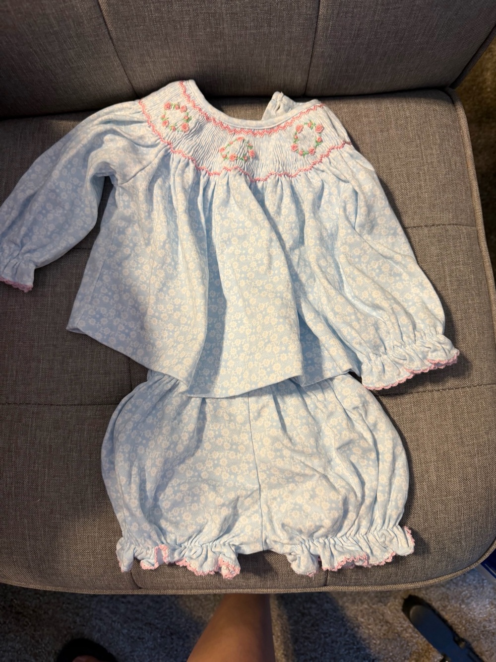 Petit Bebe Light Blue Floral Smocked 6m